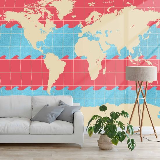 Picture of Hand Made Wallpaper 3D Mural world map wave blue red