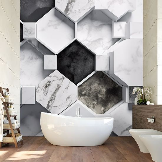 Picture of Hand Made Wallpaper 3D Wall Mural Gray Brick Wall Decorate Your Home With Hexagonal 3d Wallpaper Mural And Marble Bricks