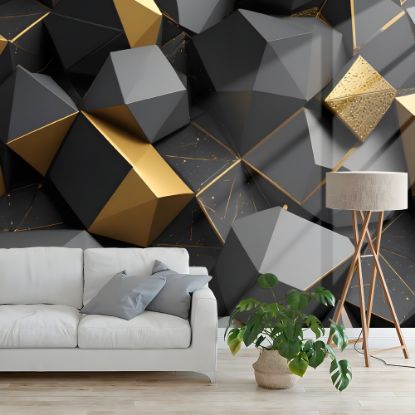 Picture of Hand Made Wallpaper 3D Wall Mural 3d Wallpaper A Geomatrical Golden Black Pattren And Gray For Wall Decor  Backgrounds