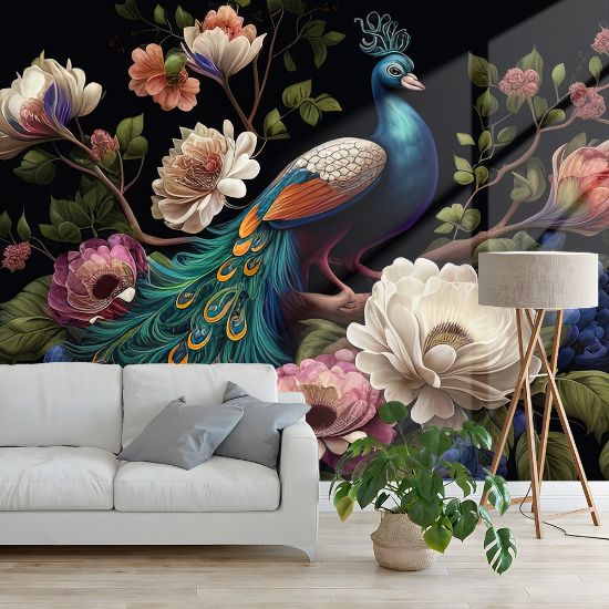 Picture of Hand Made Wallpaper 3D Wall Mural Beautiful Elegant Floral With Blooming Flowers And Peacock Interior Mural Wall Wallpaper