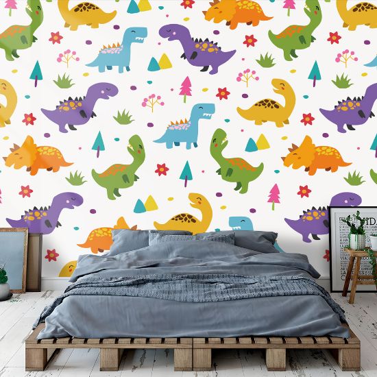 Picture of Hand Made Wallpaper 3D Wall Mural Dinosaurs Seamless Pattern For Kids Creative Vector Childish Background