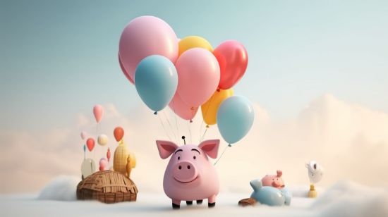 Picture of Hand Made Wallpaper 3D Wall Mural Kids Balloons Fb Pig Animation Clip