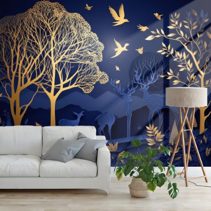 Picture of Hand Made Wallpaper 3D Wall Mural 3d Modern Interior Mural Wall Art Wallpaper With Golden And Dark Blue Deer Tree