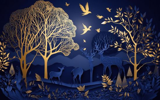 Picture of Hand Made Wallpaper 3D Wall Mural 3d Modern Interior Mural Wall Art Wallpaper With Golden And Dark Blue Deer Tree