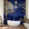 Picture of Hand Made Wallpaper 3D Wall Mural 3d Modern Interior Mural Wall Art Wallpaper With Golden And Dark Blue Deer Tree