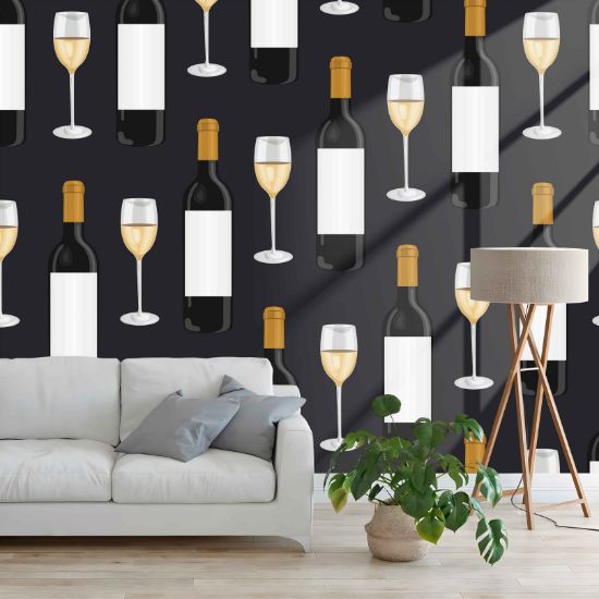 Picture of Hand Made Wallpaper 3D Wall Mural Wine Glasses And Bottles Seamless Pattern On Black Background, 