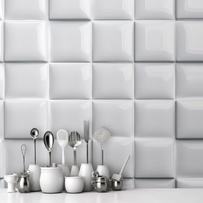 Picture of Hand Made Wallpaper 3D Wall Mural Contemporary Home White Ceramic Backdrop With Square Mosaic Design Perfect For And Kitchen Settings 3d Render