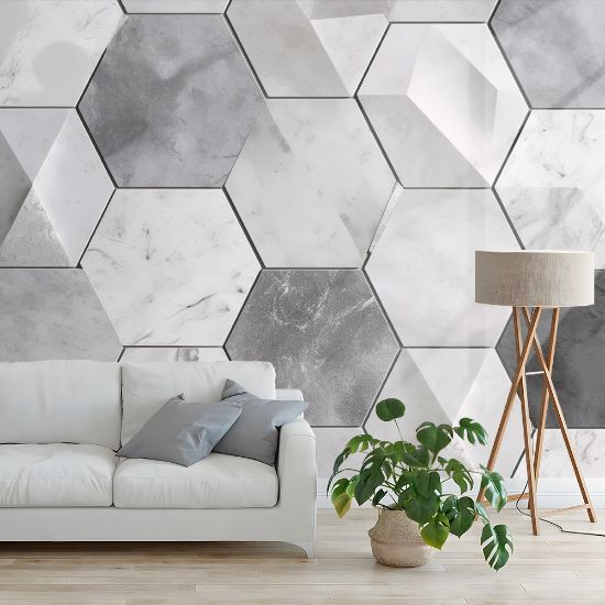 Picture of Hand Made Wallpaper 3D Wall Mural Gray Brick Wall Bricks With Hexagonal 3d Wallpaper Mural And Marble Accents For Chic Home Decor