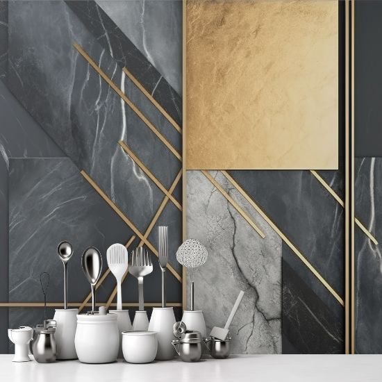 Picture of Hand Made Wallpaper 3D Wall Mural Contemporary Art 3d Wall Mural Wallpaper With Golden Lines And Deep Marble Background