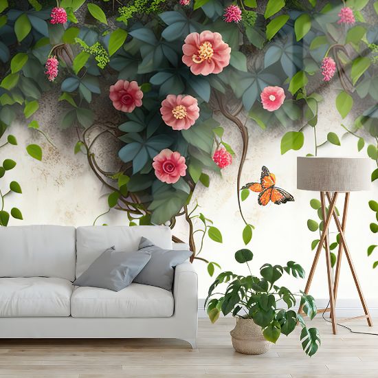 Picture of Hand Made Wallpaper 3D Wall Mural Willow Branches Hanging From Above With Flower On A White Background Interior Mural