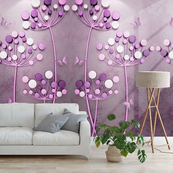 Picture of Hand Made Wallpaper 3D Wall Mural Modern Purple 3d Stereo Abstract Retro Dandelion Butterfly Tv Back