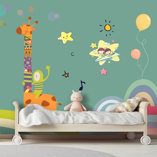 Picture of Hand Made Wallpaper 3D Wall Mural Children Cute Measuring Height Giraffe Sticker Kids Room Background Wall