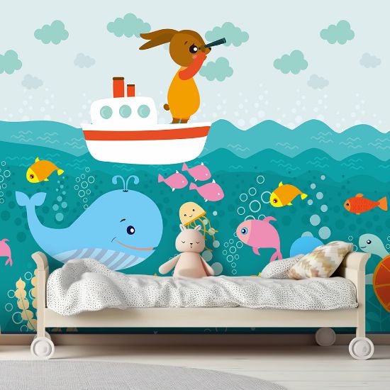 Picture of Hand Made Wallpaper Nordic Creative Drawing Ocean Whale Illustration Children Room Background Wall Paper