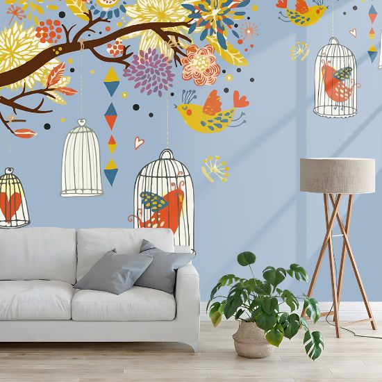 Picture of Hand Made Wallpaper 3D Wall Mural Cartoon Flower Branch Bird Cage Wall Stickers Kids