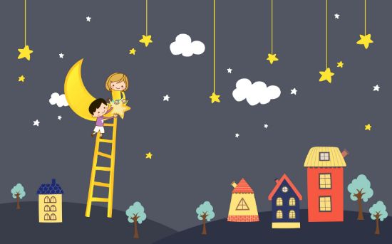 Picture of Hand Made Wallpaper 3D Wall Mural Cartoon Children's Room Dark Gray Background Wall Moon House Kids Stickers