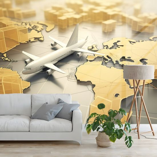 Picture of Hand Made Wallpaper 3D Wall Mural Small Plane Sits On World Map