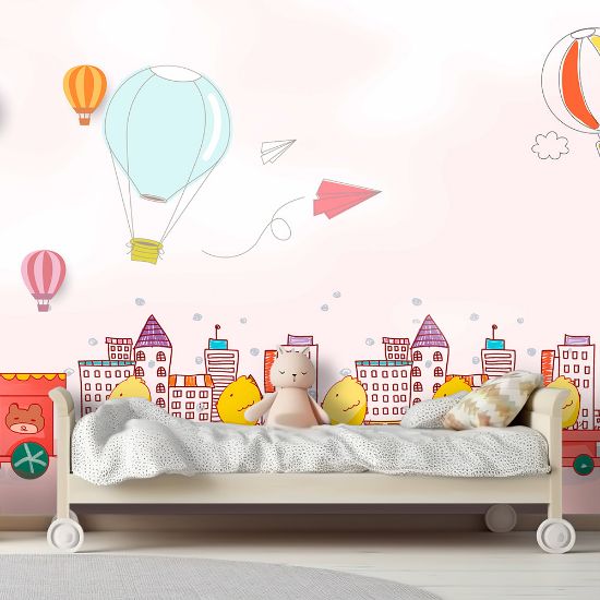 Picture of Hand Made Wallpaper Children Room Cartoon Drawing Train House Hot Air Balloon Background Wall