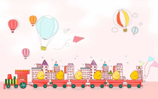 Picture of Hand Made Wallpaper Children Room Cartoon Drawing Train House Hot Air Balloon Background Wall