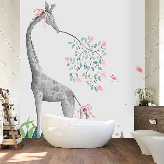 Picture of Hand Made Wallpaper Modern Minimalist Small Fresh Drawing Cartoon Animal Giraffe Elephant Balloon