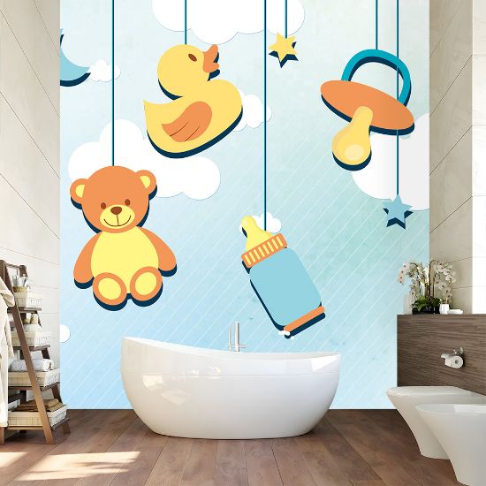 Picture of Hand Made Wallpaper Simple Blue Cartoon Little Duck Children's Room Background Wall 