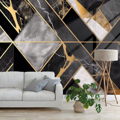 Picture of Hand Made Wallpaper 3D Wall Mural Abstract Triangle Wallpaper 3d With Geometric Shapes Golden Lines And Black Gray Marble