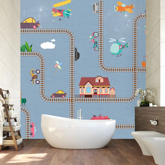 Picture of Hand Made WallpaperNew Cartoon Cars, Train Tracks, Children's Room, Cute Background Wall