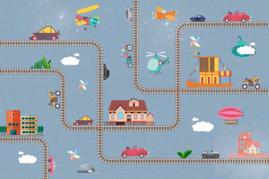 Picture of Hand Made WallpaperNew Cartoon Cars, Train Tracks, Children's Room, Cute Background Wall