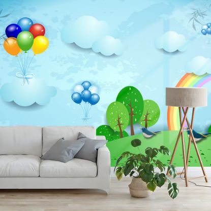 Picture of Hand Made WallpaperBlue Children's Room Cartoon Grass Rainbow Balloon Clouds Tree Background Wall