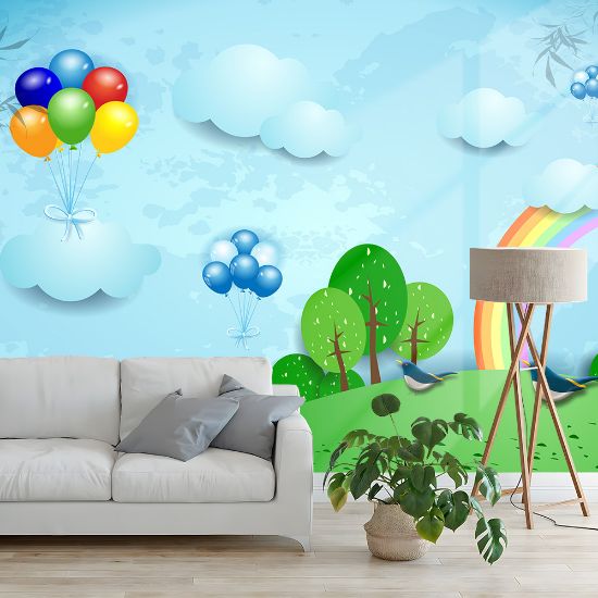 Picture of Hand Made WallpaperBlue Children's Room Cartoon Grass Rainbow Balloon Clouds Tree Background Wall