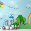 Picture of Hand Made WallpaperBlue Children's Room Cartoon Grass Rainbow Balloon Clouds Tree Background Wall