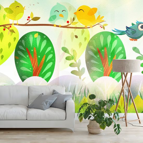 Picture of Hand Made WallpaperModern Warm Cartoon Bird Plant Forest Flower Children's Room Background Wall