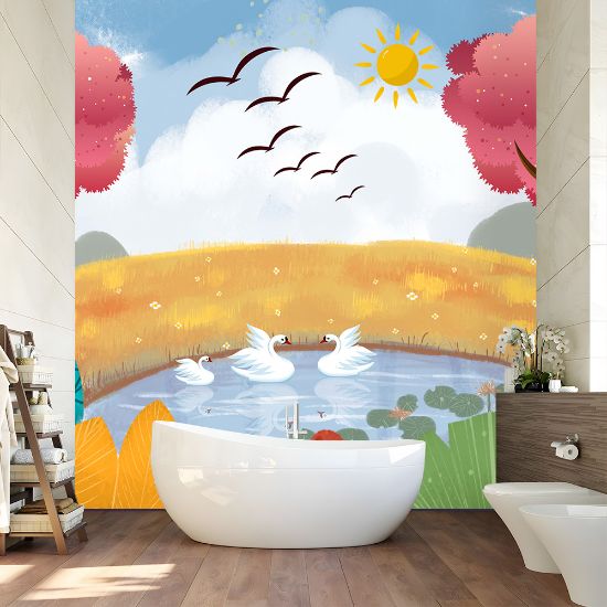 Picture of Hand Made Wallpaper Modern Warm Cartoon Forest Flower Swan Children Background Wall