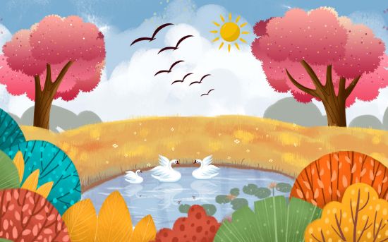 Picture of Hand Made Wallpaper Modern Warm Cartoon Forest Flower Swan Children Background Wall