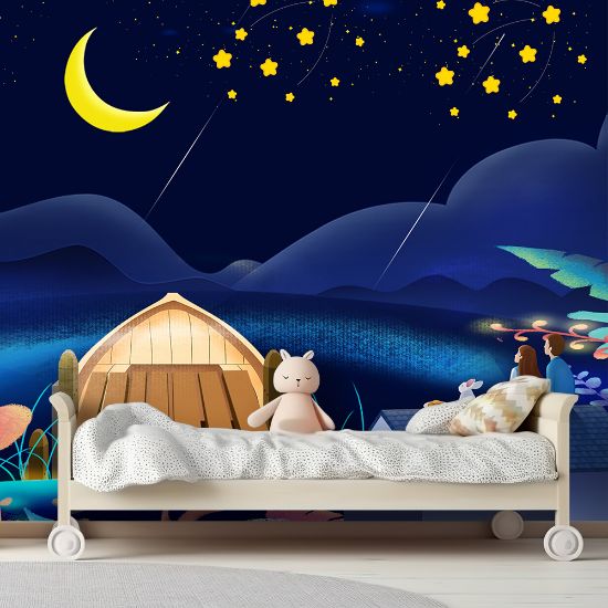 Picture of Hand Made Wallpaper Modern Cartoon Beautiful Moonlight Starry Sky Children's Room Background Wall