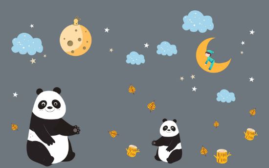 Picture of Hand Made Wallpaper Cartoon Children's Room Gray Background Wall Panda Moon Nebula Sticker