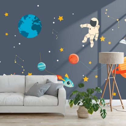 Picture of Hand Made Wallpaper Children's Room Cartoon Space Gray Background Wall Earth Satellite Rocket Sticker