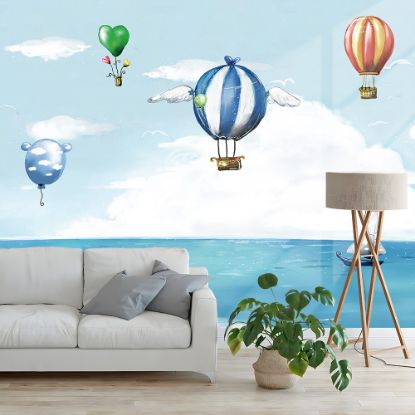 Picture of Hand Made Wallpaper Nordic Minimalist Drawing Cartoon Landing Balloon Children's Room Background Wall