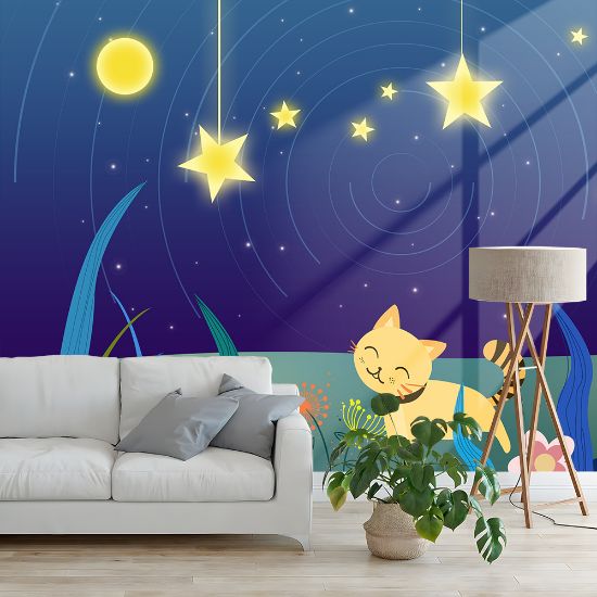 Picture of Hand Made Wallpaper Modern Fashion Cartoon Blue Moon Kitten Flowers And Grass Children's Room Background Wall