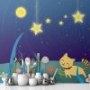 Picture of Hand Made Wallpaper Modern Fashion Cartoon Blue Moon Kitten Flowers And Grass Children's Room Background Wall