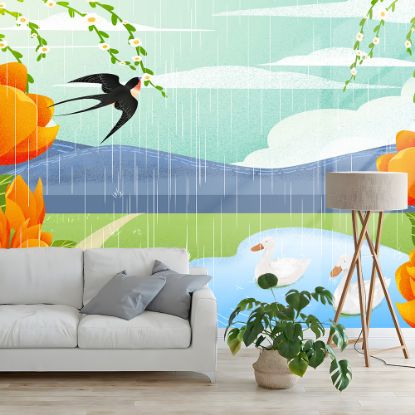 Picture of Hand Made Wallpaper Modern Personality Mountain Peaks Fresh Flowers In The Rain Water Duck Children's Room Background Wall