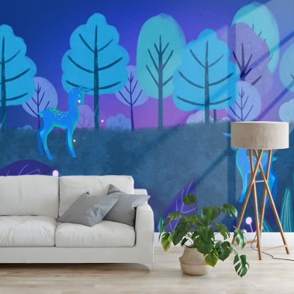 Picture of Hand Made Wallpaper Drawing Fantasy Cartoon Forest Flower Deer Children Room Background Wall