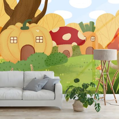 Picture of Hand Made Wallpaper Modern Cartoon Forest Pumpkin House Mushroom Children's Room Background Wall 