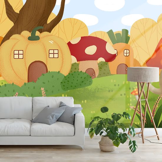 Picture of Hand Made Wallpaper Modern Cartoon Forest Pumpkin House Mushroom Children's Room Background Wall 