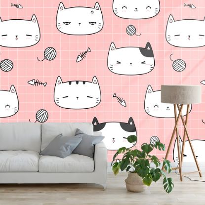 Picture of Hand Made Wallpaper Cute Adorable Cat Kitten Head On Pink Cartoon Doodle Seamless Pattern Background