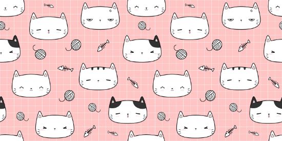 Picture of Hand Made Wallpaper Cute Adorable Cat Kitten Head On Pink Cartoon Doodle Seamless Pattern Background