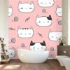 Picture of Hand Made Wallpaper Cute Adorable Cat Kitten Head On Pink Cartoon Doodle Seamless Pattern Background