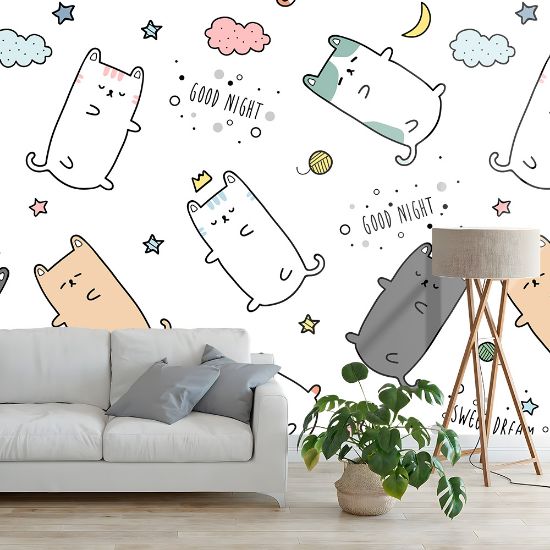 Picture of Hand Made Wallpaper Cute Adorable Cat Kitten Sleeping Cartoon Doodle Seamless Pattern Wallpaper Cover Banner