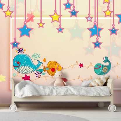 Picture of Hand Made Wallpaper Nordic Creative Watercolor Mediterranean Ocean Whale Children's Room Background Wall