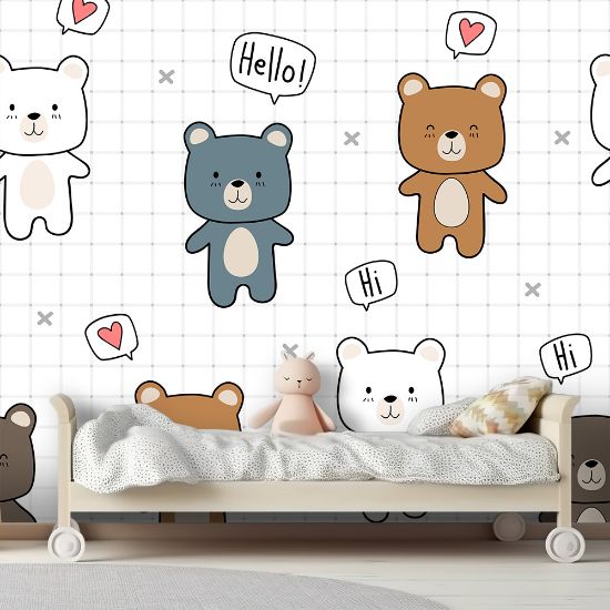 Picture of Hand Made Wallpaper 3D Wall Mural Cute Adorable Teddy Bear Cartoon Doodle Seamless Pattern Wallpaper Cover Banner