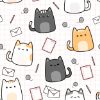 Picture of Hand Made Wallpaper 3D Wall Mural Cute Adorable Chubby Cat Kitten Cartoon Doodle Seamless Pattern Background